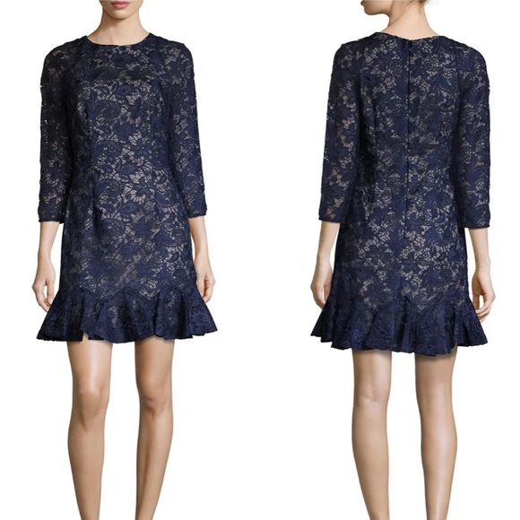 Monique Lhuillier Navy Blue Lace Crochet Overlay Peplum Hem Mini Dress - 6 - Picture 2 of 15